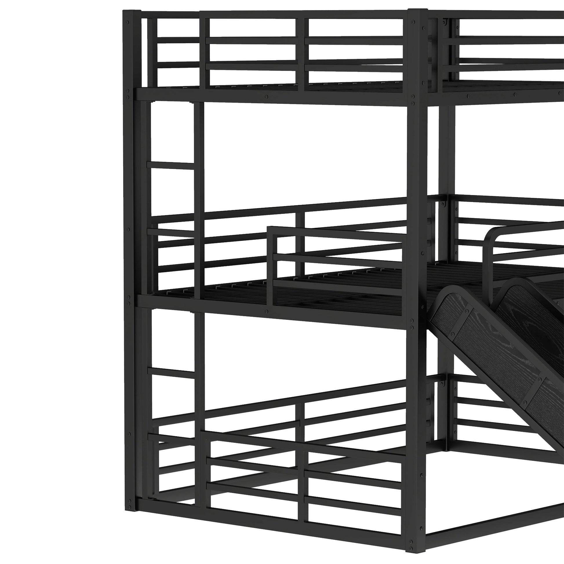 Full over full over full bunk bed with slide in black metal frame with ladder HouseOfZazla on Tampa Home & Garden Store
