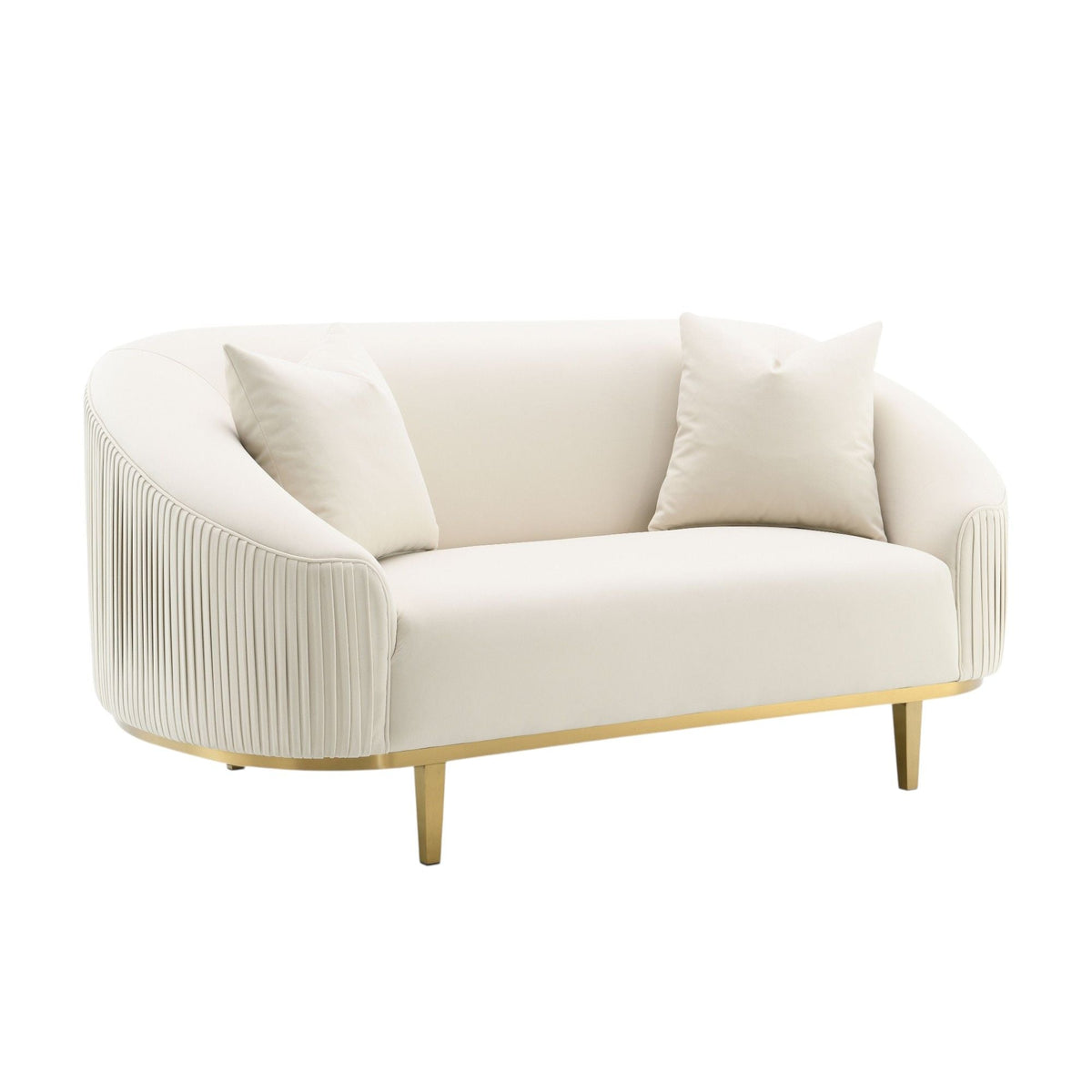 Ivory velvet stationary loveseat with 2 pillows and gold metal legs on Tampa Home & Garden Store
