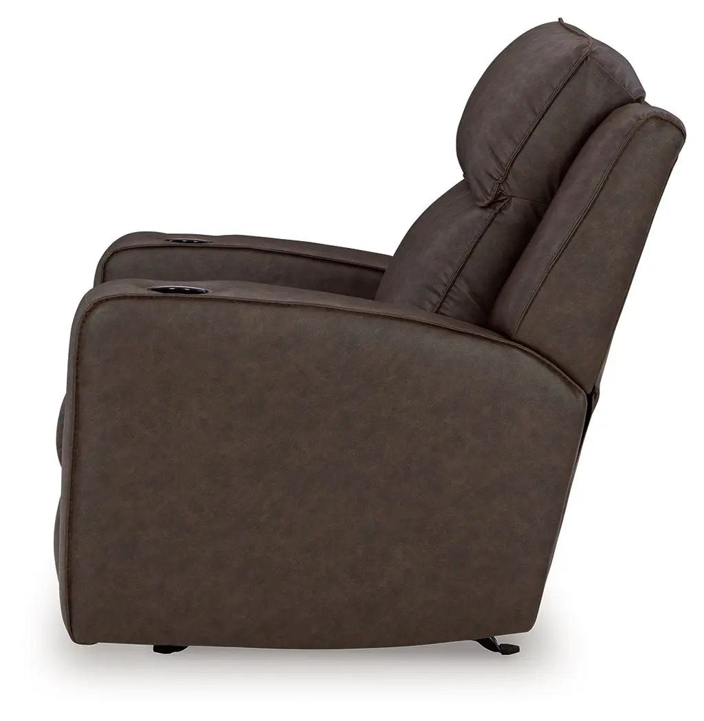 Lavenhorne rocker recliner in granite brown faux leather with built-in cup holders on Tampa Home & Garden Store