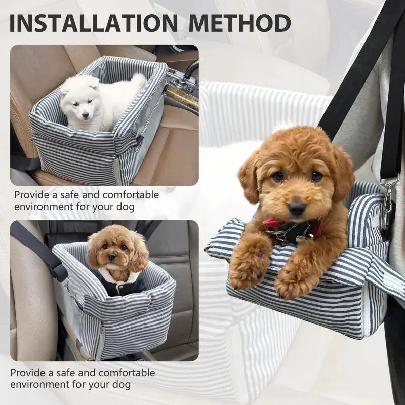 Center Console Dog Car Seat in striped fabric for small dogs two dogs shown on Tampa Home & Garden Store
