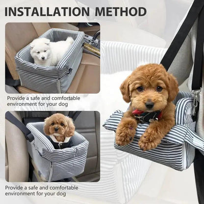 Center Console Dog Car Seat in striped fabric for small dogs two dogs shown on Tampa Home & Garden Store