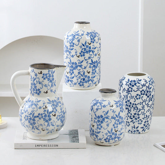 New Chinese style blue and white porcelain ceramic vase vintage ice cracked ornament for living room - Tampa Home & Garden Store