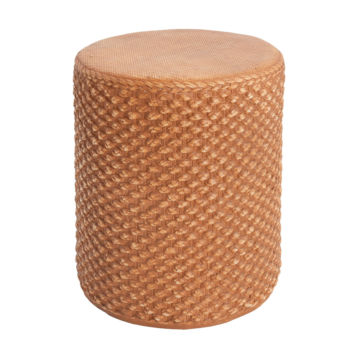 Evie outdoor round MGO side table brown with braided woven rattan texture on Tampa Home & Garden Store