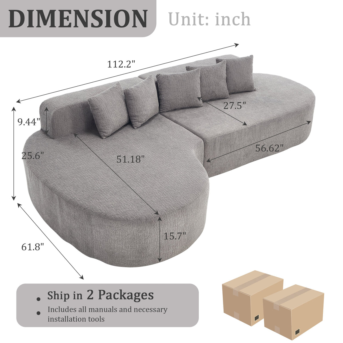 Curved Chenille Sectional Sofa and Pillows