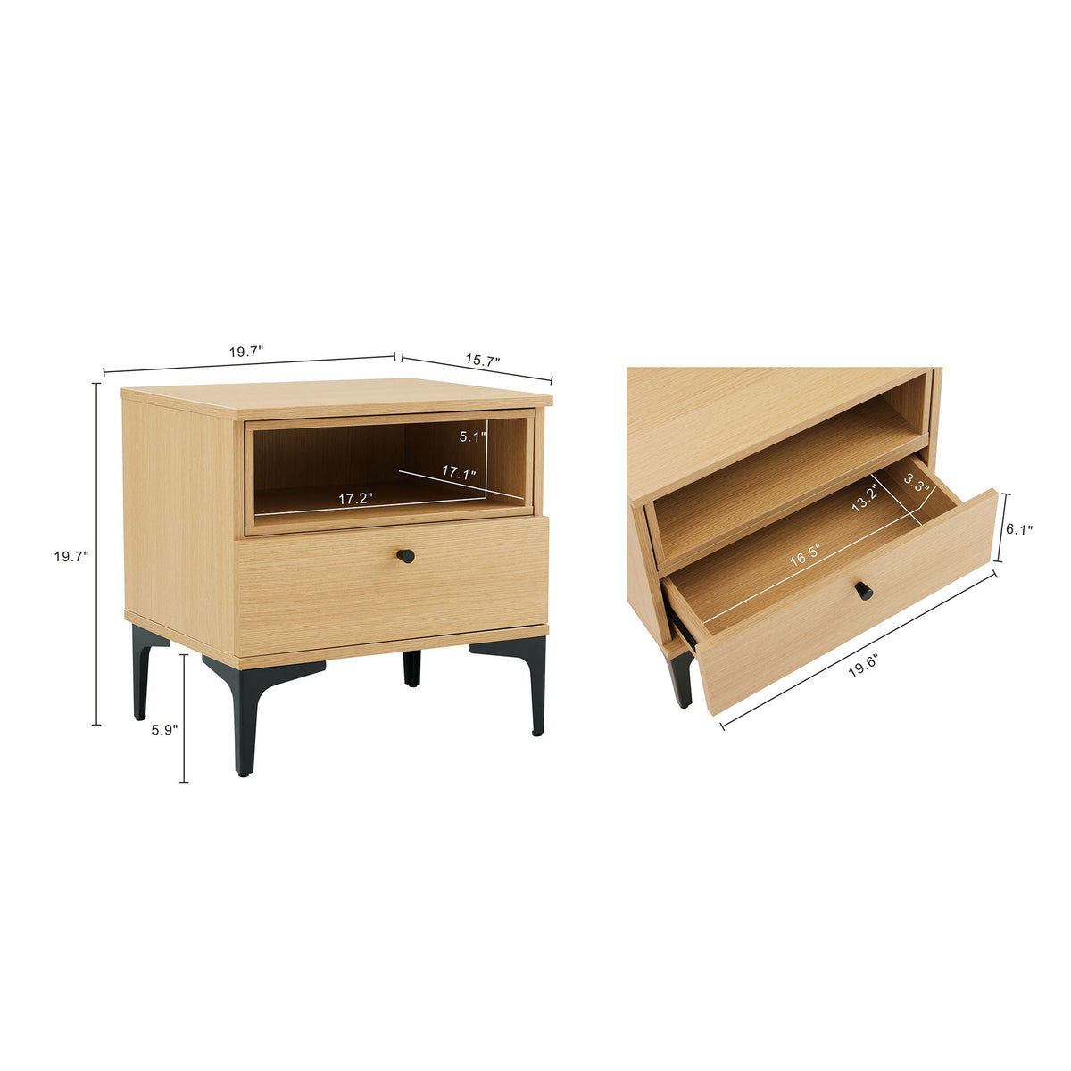 Amara nightstand 1-drawer with black metal legs in light brown wood finish HouseOfZazla on Tampa Home & Garden Store