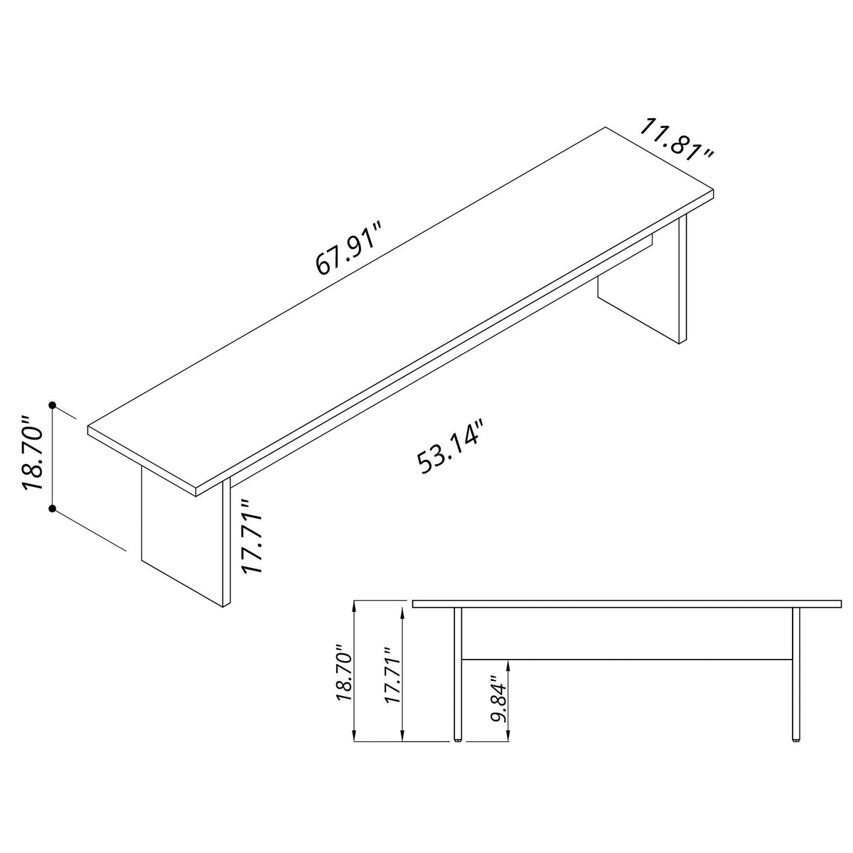 Nomad Dining Bench for 2 in sturdy wood, blueprint with 67.91 in length and 18.70 in height on Tampa Home & Garden Store