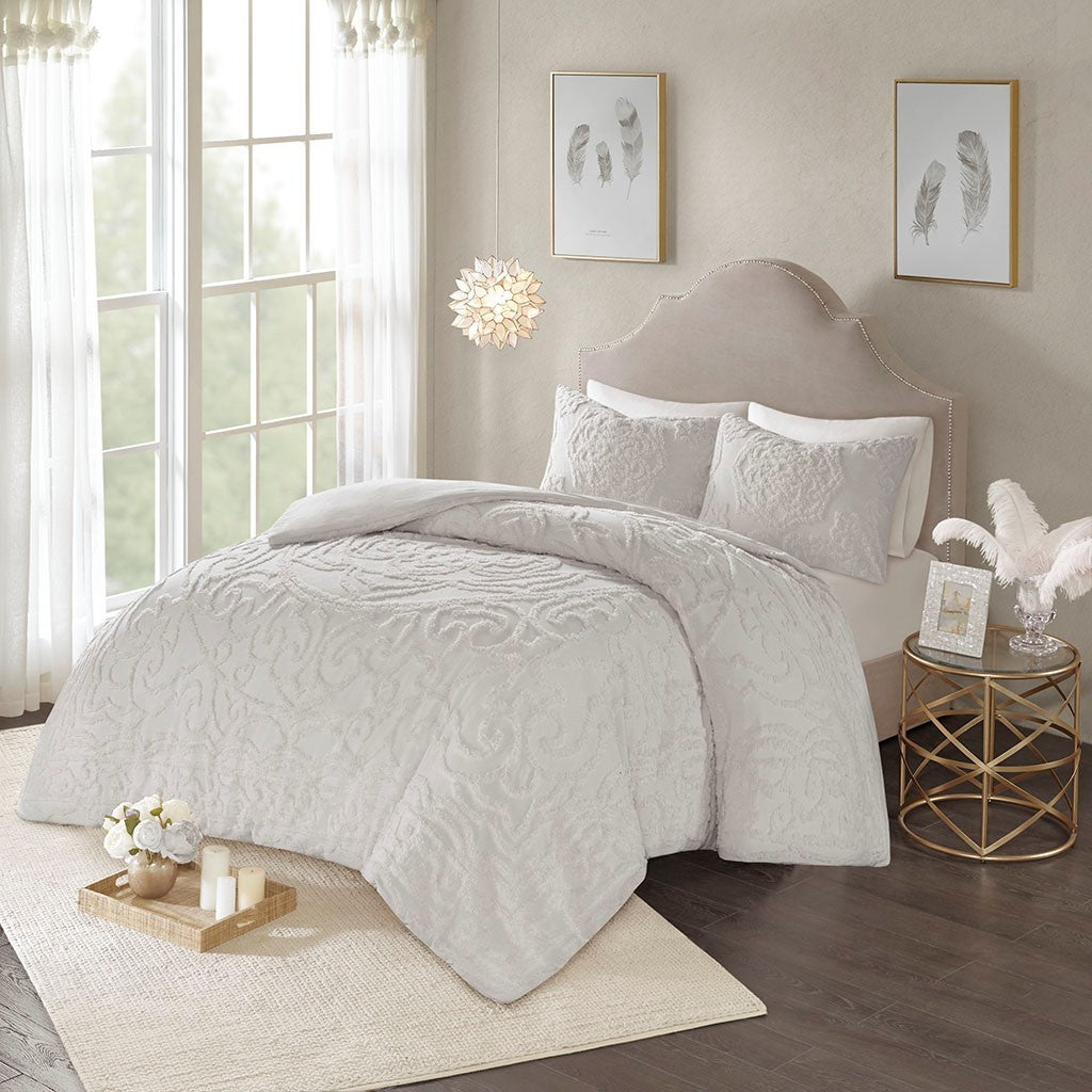 King/Cal King tufted cotton chenille medallion duvet cover set in ivory with shams HouseOfZazla on Tampa Home & Garden Store