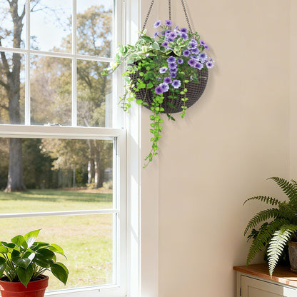 Self Watering Hanging Planter in dark wicker with purple petunias by HouseOfZazla on Tampa Home & Garden Store