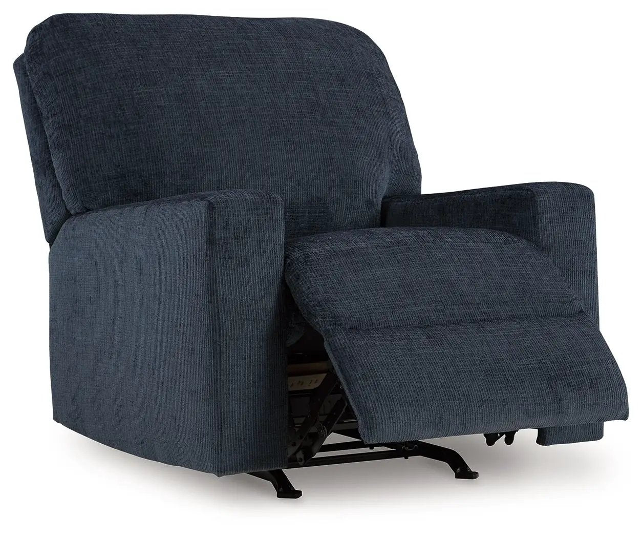Aviemore rocker recliner by Unique Piece Furniture in dark blue corduroy with extended footrest on Tampa Home & Garden Store