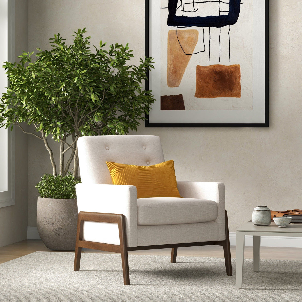 Cole Solid Wood Lounge Chair beige upholstered with dark wood legs; mustard cushion and art on Tampa Home & Garden Store