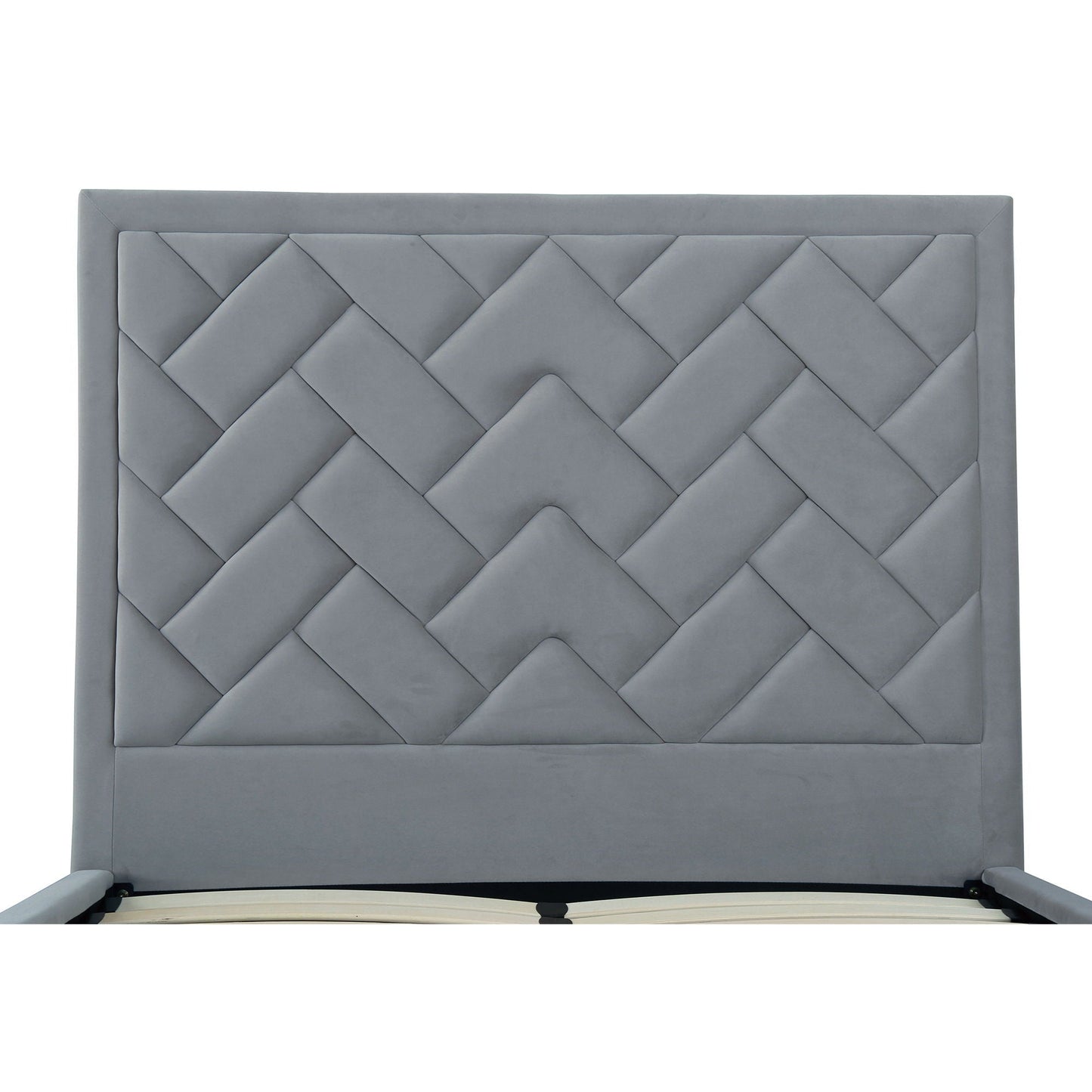 Crosby bed with upholstered diamond-tufted gray headboard and slats by HouseOfZazla on Tampa Home & Garden Store