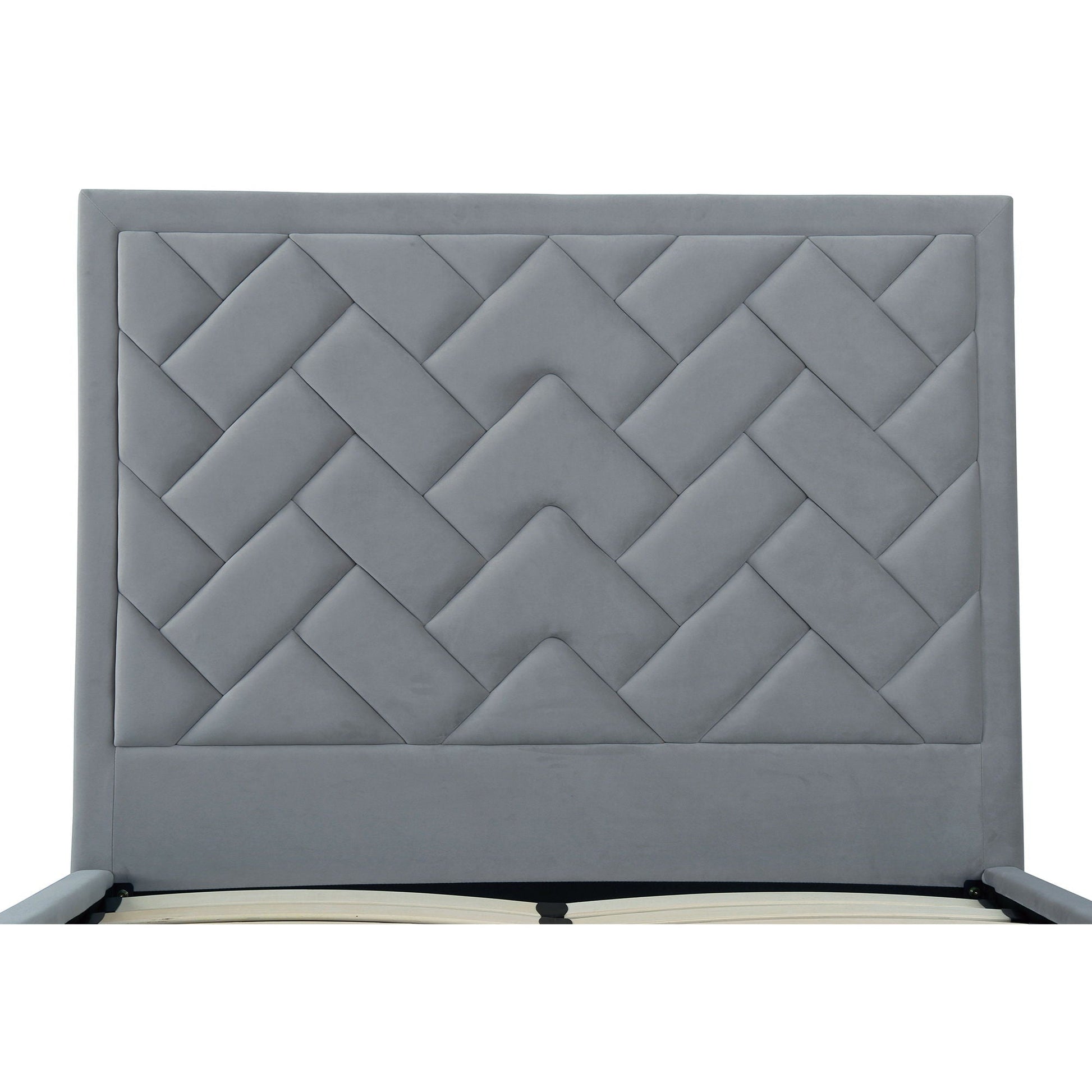 Crosby bed with upholstered diamond-tufted gray headboard and slats by HouseOfZazla on Tampa Home & Garden Store