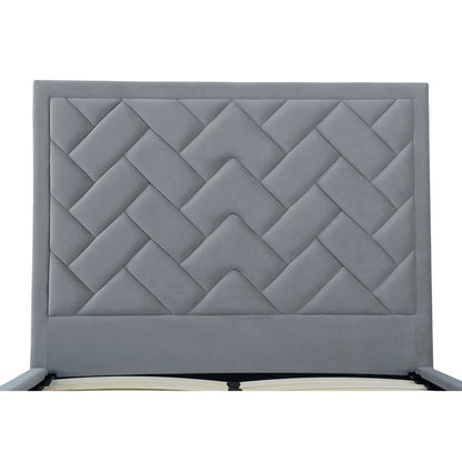 Crosby bed with upholstered diamond-tufted gray headboard and slats by HouseOfZazla on Tampa Home & Garden Store