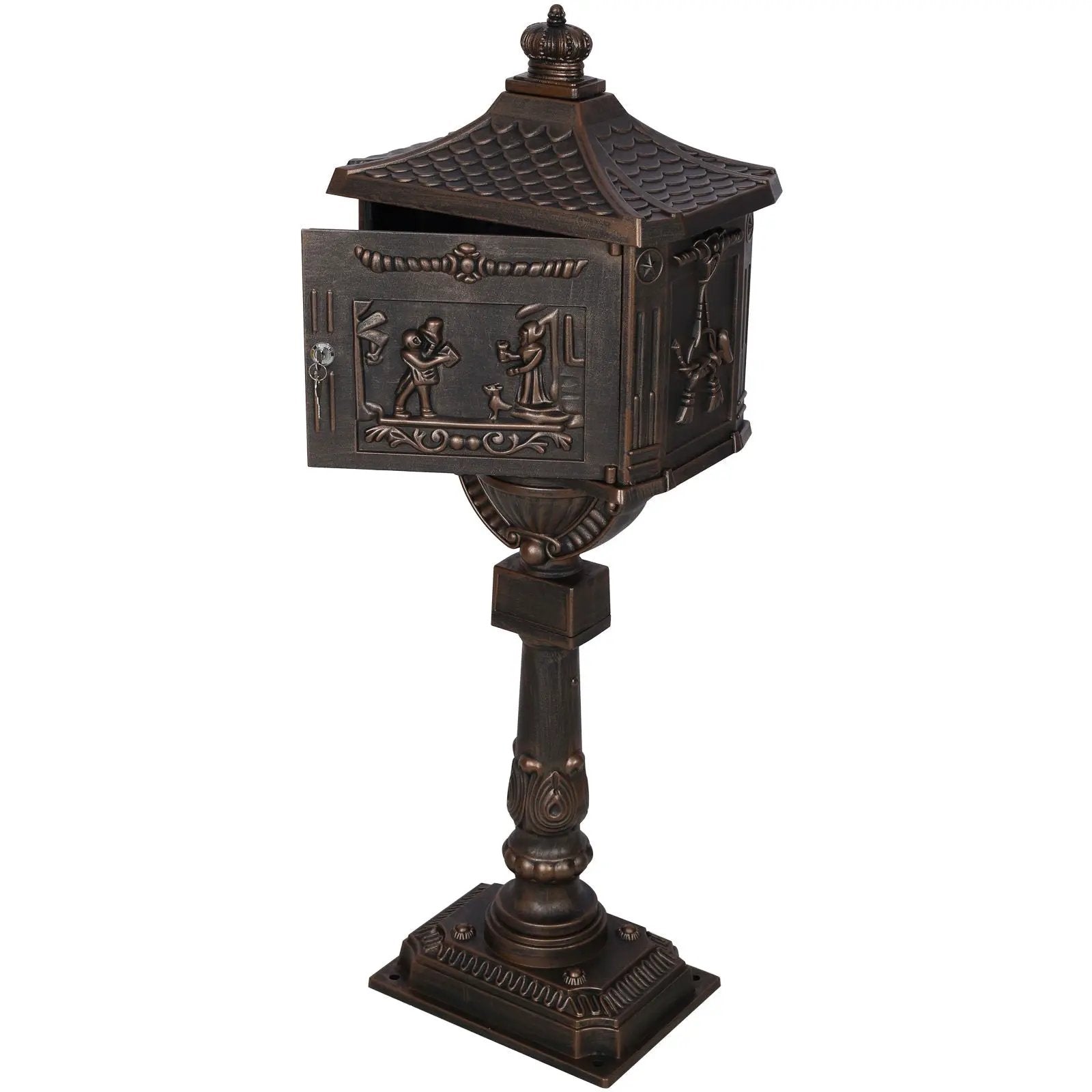 Outdoor cast aluminum mailbox on ornate pedestal post with bronze finish on Tampa Home & Garden Store