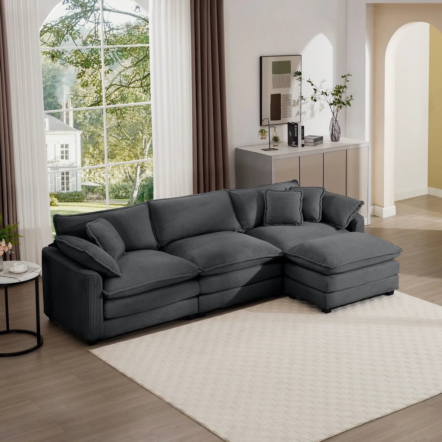 Modern oversized modular sofa with ottoman in charcoal fabric, deep seating 3 piece set on Tampa Home & Garden Store