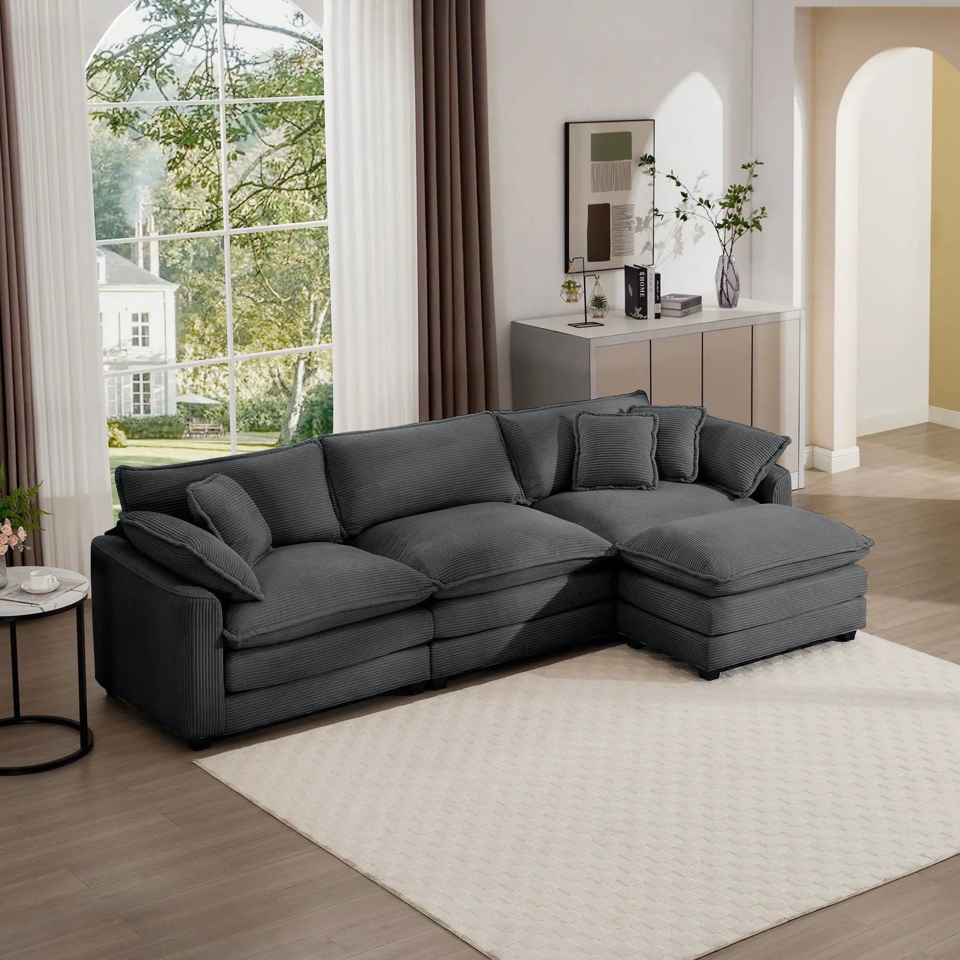 Modern oversized modular sofa with ottoman in charcoal fabric, deep seating 3 piece set on Tampa Home & Garden Store