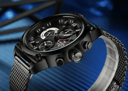 Men's black multifunction analog quartz watch with stainless steel mesh band Stevvex ST1N1000MC1 on Tampa Home & Garden Store