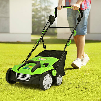 Escarificador eléctrico de 15 pulgadas y 13 amperios con bolsa recolectora y cuchillas extraíbles - Verde