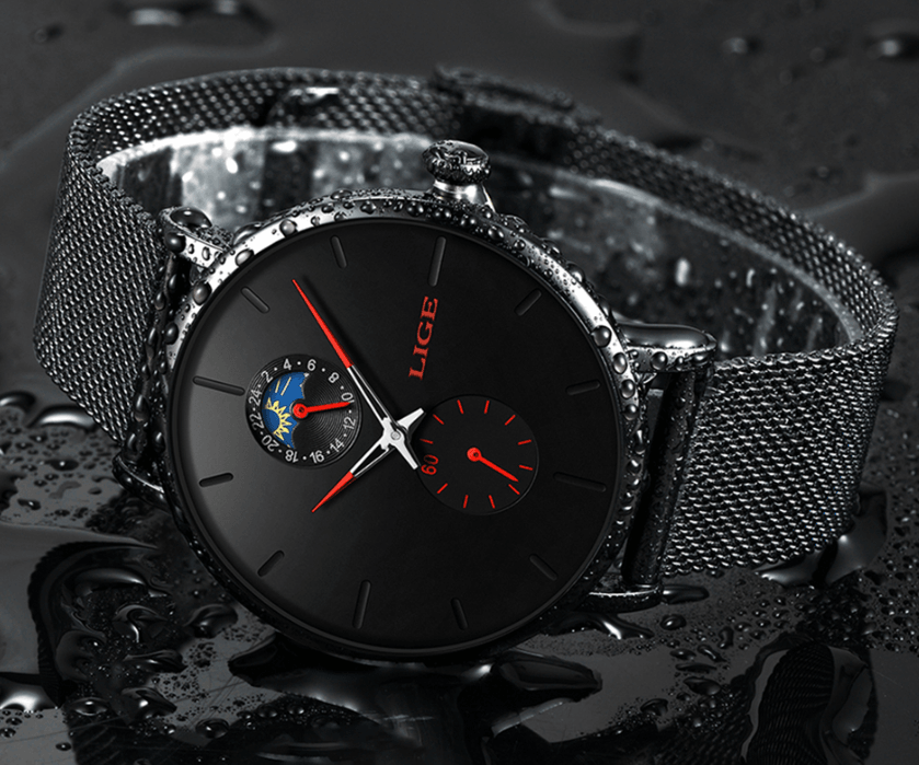 Stevvex watch with braided stainless steel bracelet, black dial, red hands, chrono subdials on Tampa Home & Garden Store