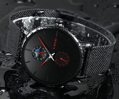 Stevvex watch with braided stainless steel bracelet, black dial, red hands, chrono subdials on Tampa Home & Garden Store