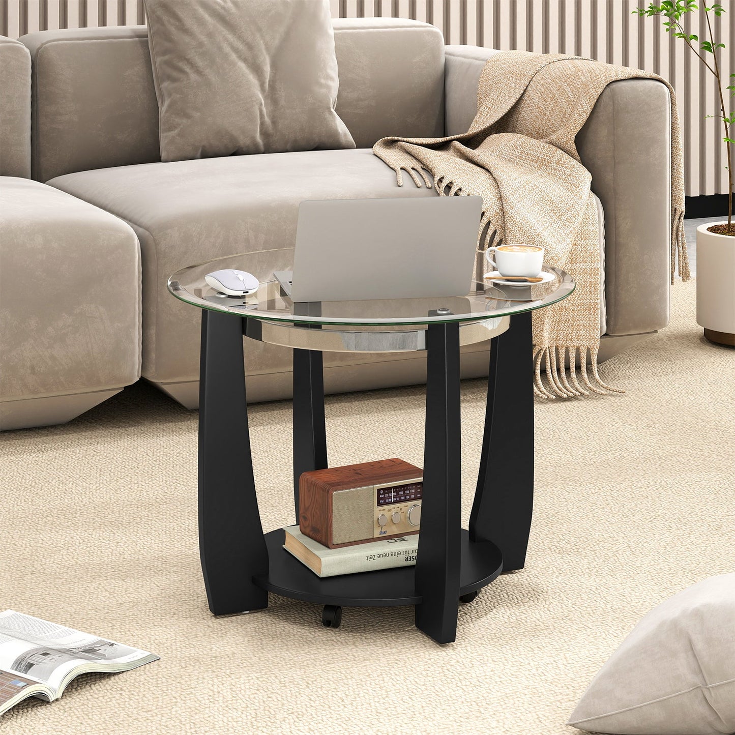32" 2-Tier Glass Round Coffee Table with Storage Shelf