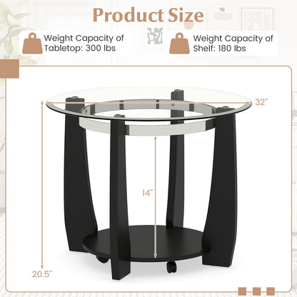32" 2-Tier Glass Round Coffee Table with Storage Shelf