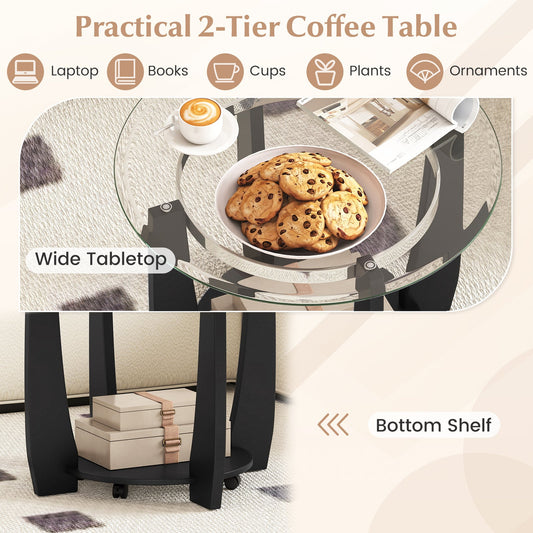 32" 2-Tier Glass Round Coffee Table with Storage Shelf - Tampa Home & Garden Store