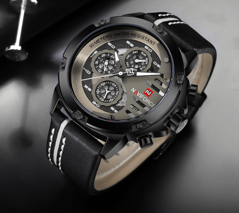 Men's Naviforce black sports watch with chronograph subdials and leather strap on Tampa Home & Garden Store