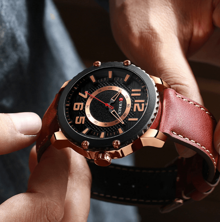Men's waterproof sport watch with brown leather strap, black dial, rose gold case, Stevvex on Tampa Home & Garden Store