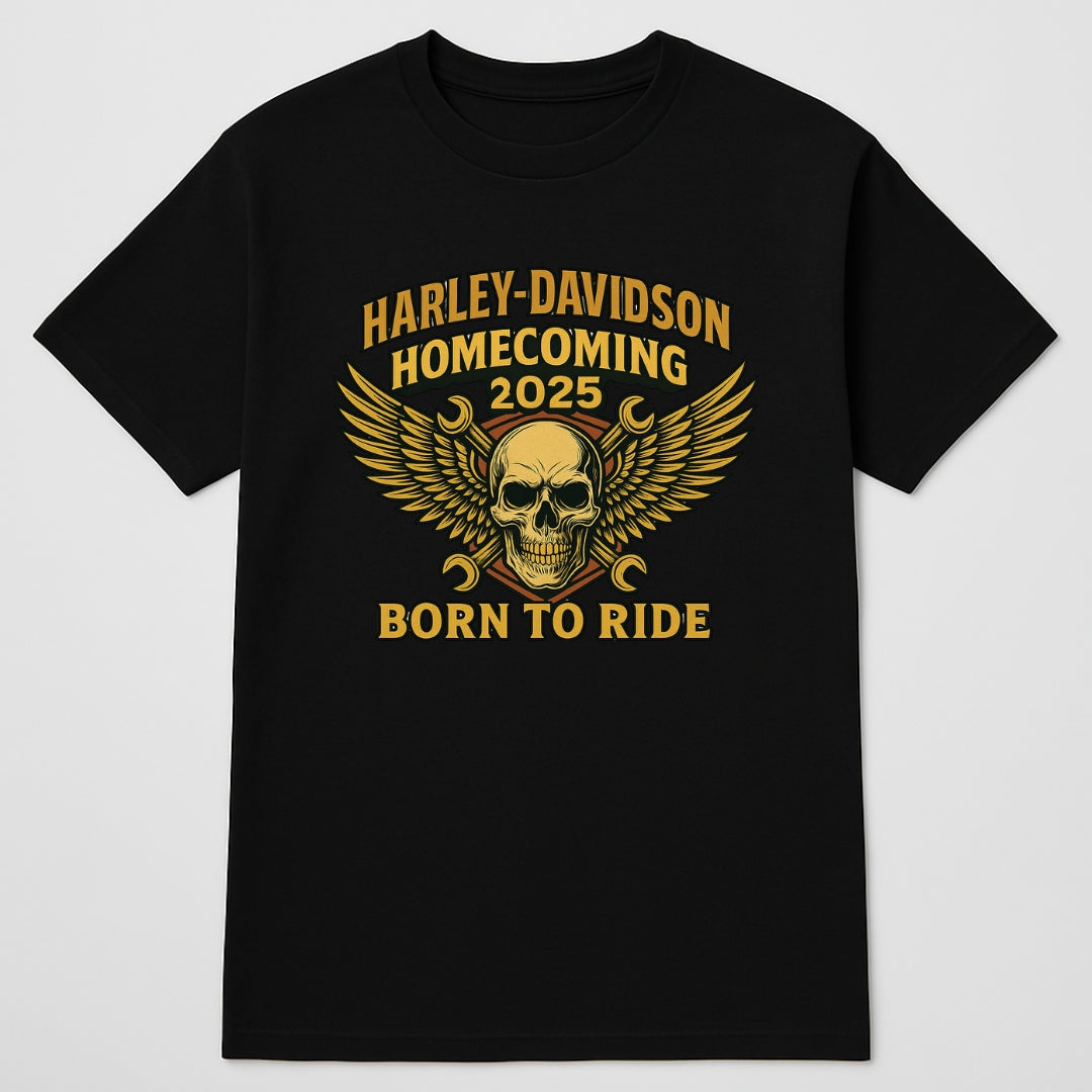 Black T-shirt with gold skull and winged Harley graphic Homecoming 2025 BikerZoneZ on Tampa Home & Garden Store
