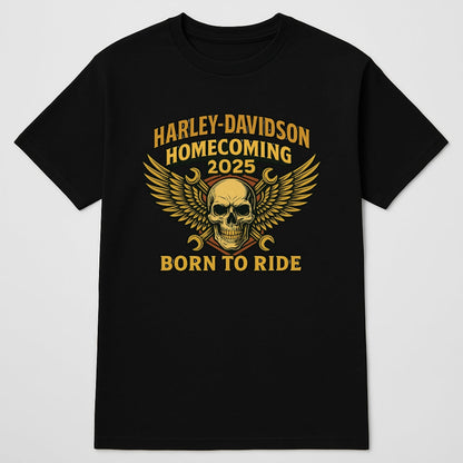 Black T-shirt with gold skull and winged Harley graphic Homecoming 2025 BikerZoneZ on Tampa Home & Garden Store