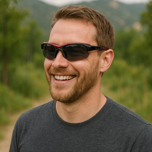 Unisex cycling sunglasses by BikerZoneZ with UV protection, black frame and red trim on Tampa Home & Garden Store