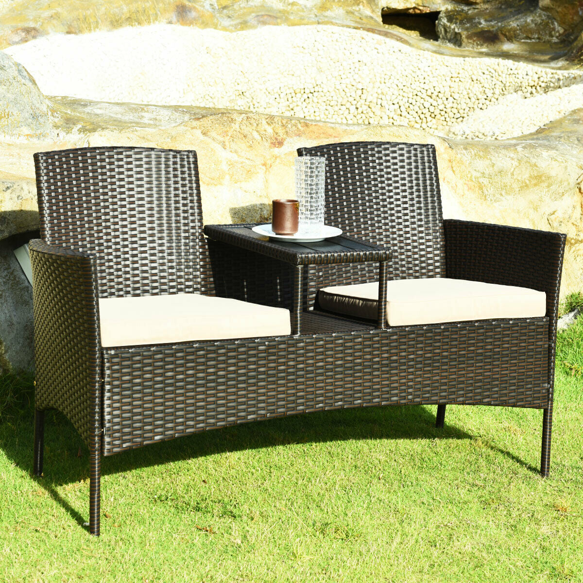 Juego moderno de conversación para patio con mesa de café integrada y cojines - Beige