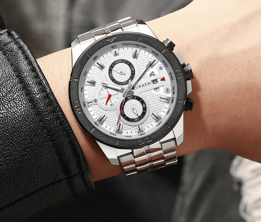 Men's Stevvex waterproof watch with white dial and black bezel, chronograph subdials on Tampa Home & Garden Store