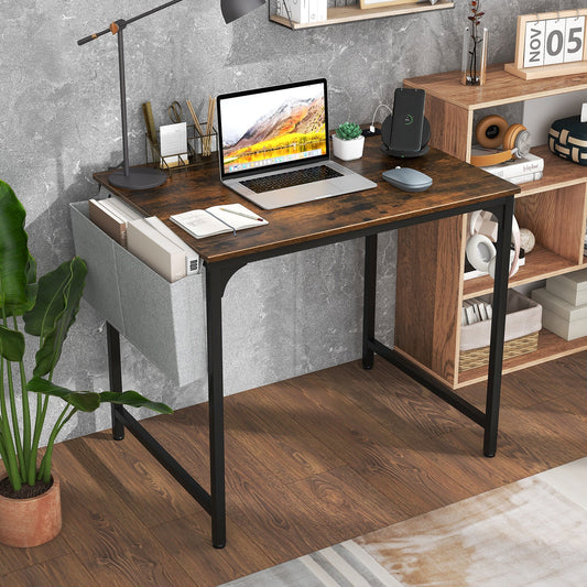 32 Inch Home Office Desk with Charging Station Storage Bag and Headphone Hook-Rustic Brown - Tampa Home & Garden Store