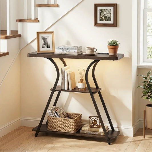 Console Table 32in DirectDeals with LED lighting and outlets, dark wood top, black metal legs on Tampa Home & Garden Store