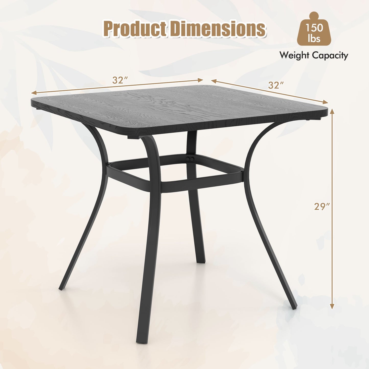Mesa cuadrada de metal de 32 pulgadas para patio con 4 patas curvas - Gris