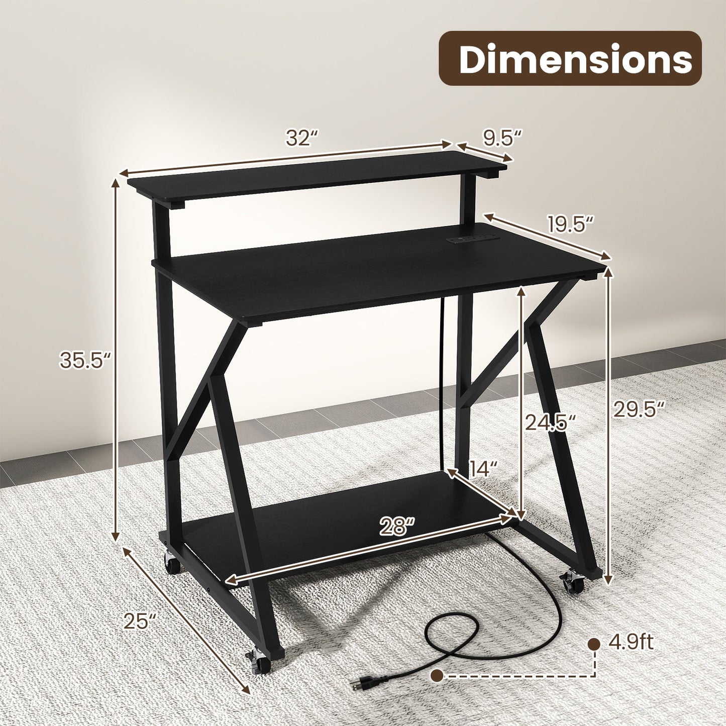 32 Inch Rolling Computer Desk for Small Spaces with Power Outlets