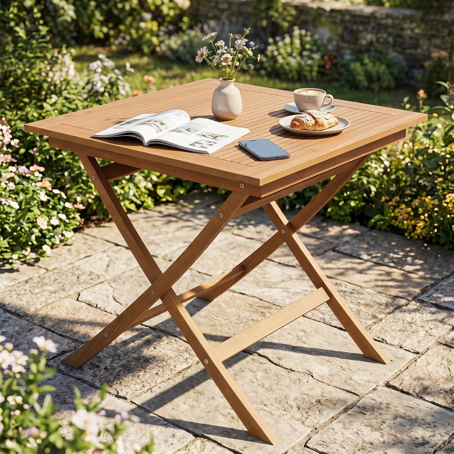 32 Inch Square Teak Wood Patio Table for Four