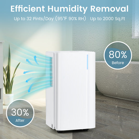 32 Pints 2000 Sq.ft Portable Dehumidifier for Home and Basement-White - Tampa Home & Garden Store