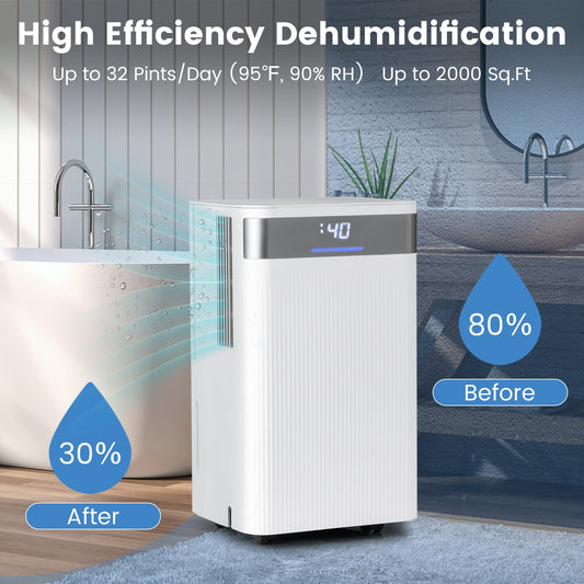 32 Pints 2000 Sq.ft Quiet Dehumidifier for Home with 3 Modes-White - Tampa Home & Garden Store