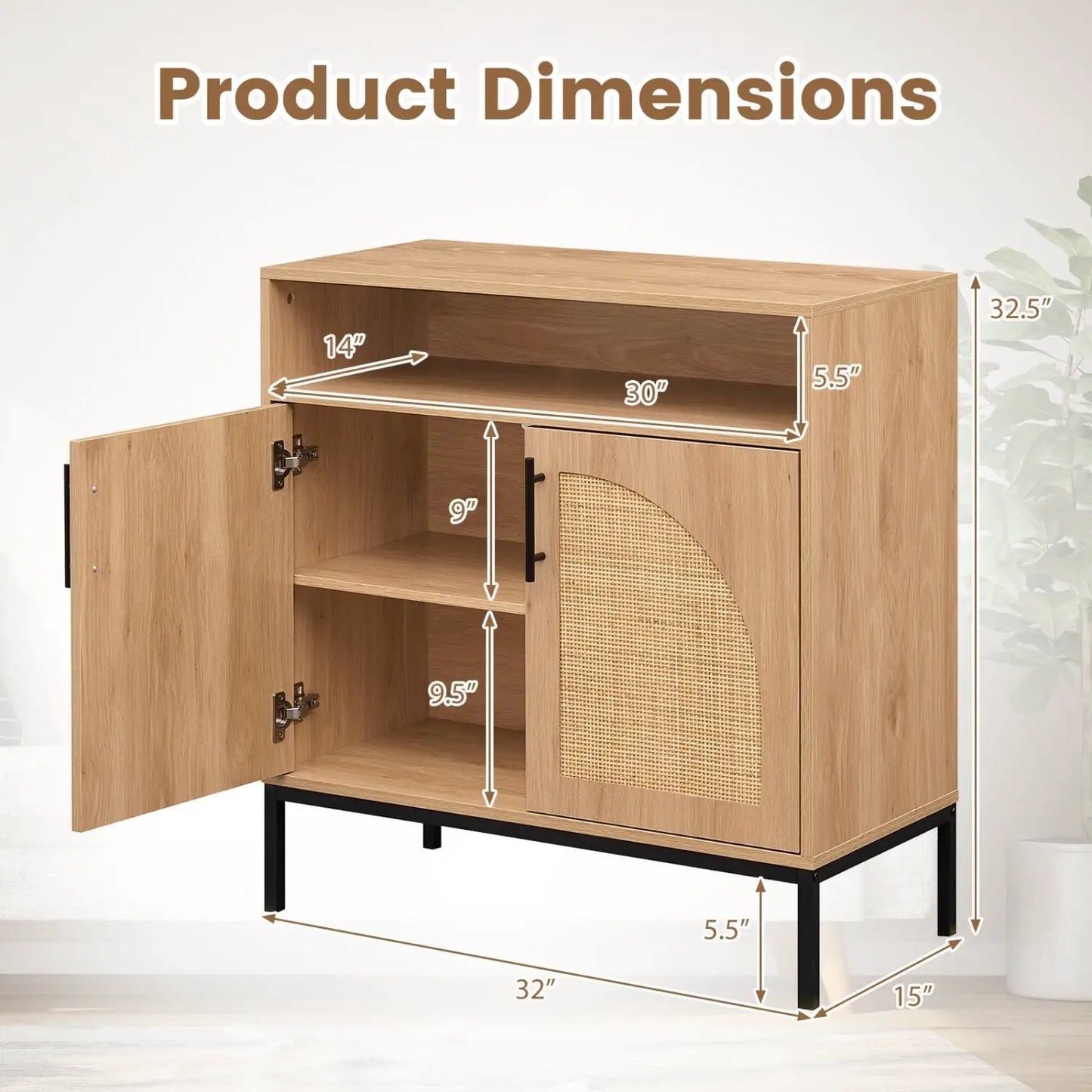 32 Sideboard Buffet Cabinet Natural Rattan Doors