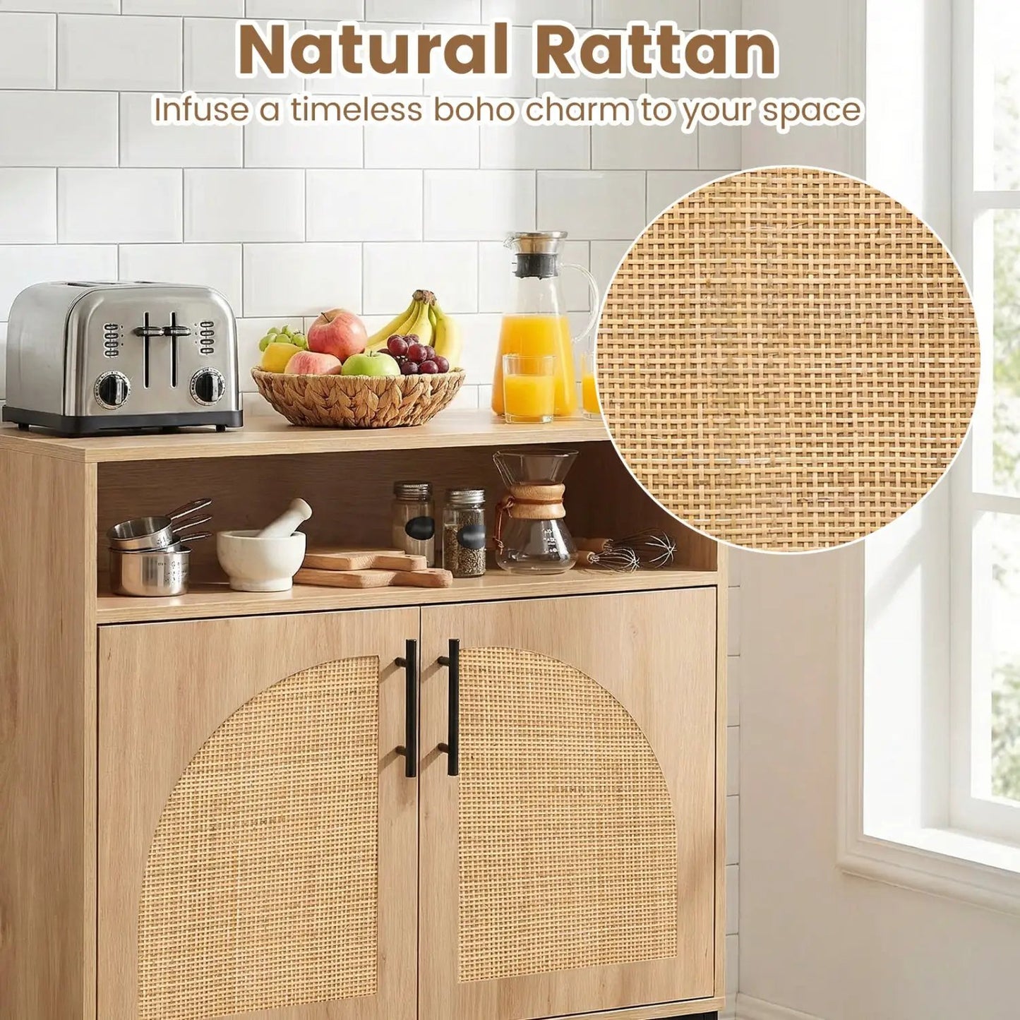 32 Sideboard Buffet Cabinet Natural Rattan Doors