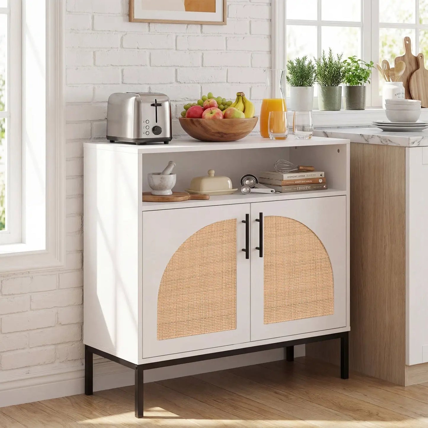 32 Sideboard Buffet Cabinet Natural Rattan Doors