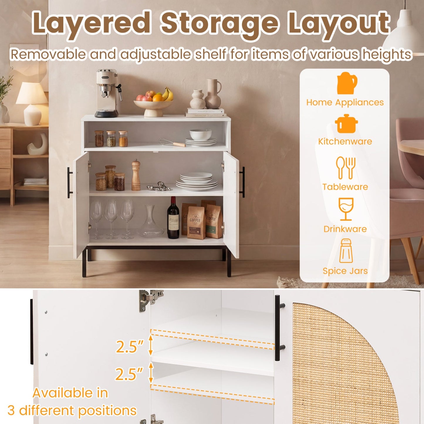 32 Sideboard Buffet Cabinet Natural Rattan Doors