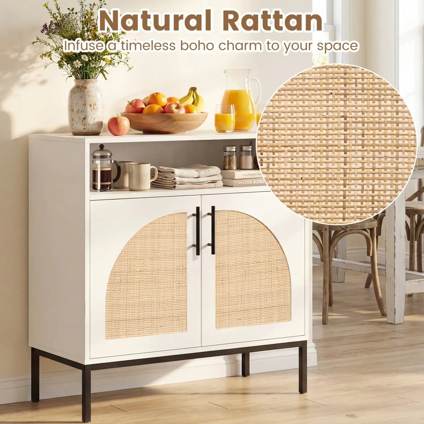 32 Sideboard Buffet Cabinet Natural Rattan Doors