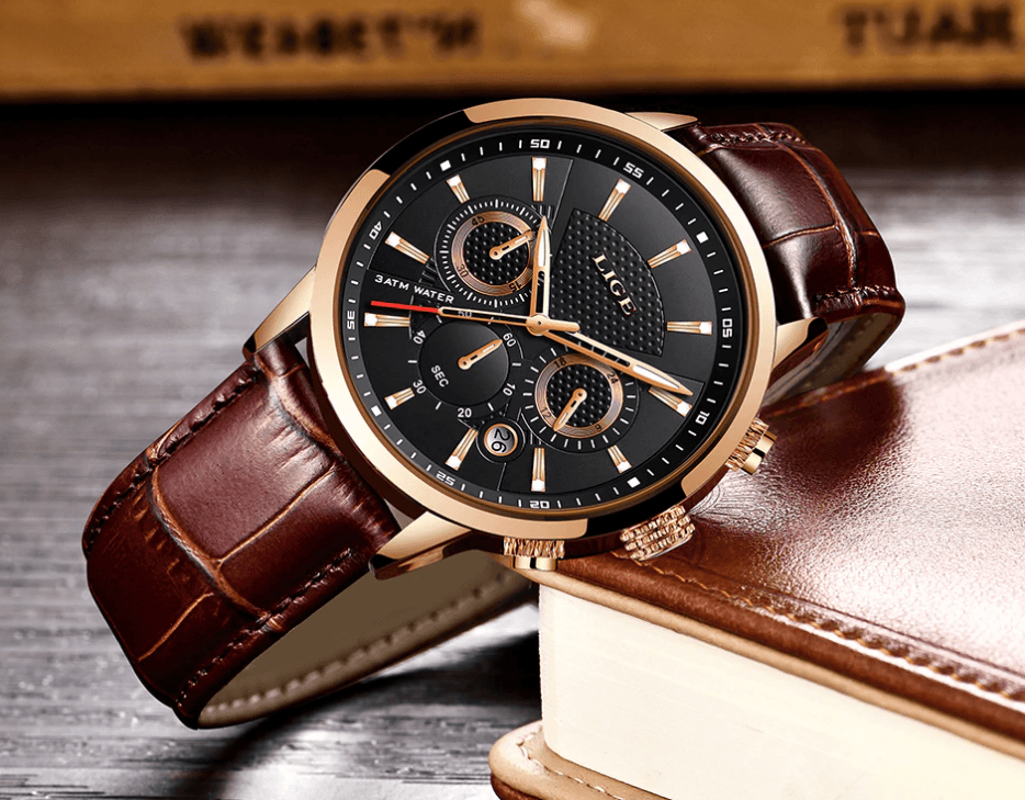 Stevvex men's waterproof chronograph watch with brown leather strap, black dial, rose-gold case on Tampa Home & Garden Store