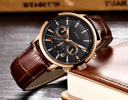 Stevvex men's waterproof chronograph watch with brown leather strap, black dial, rose-gold case on Tampa Home & Garden Store