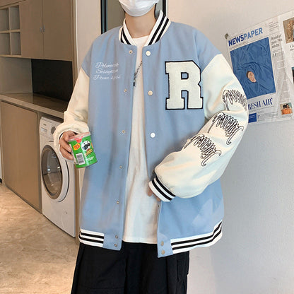 Stevvex bomber jacket in light blue with white sleeves and large R patch, varsity style on Tampa Home & Garden Store