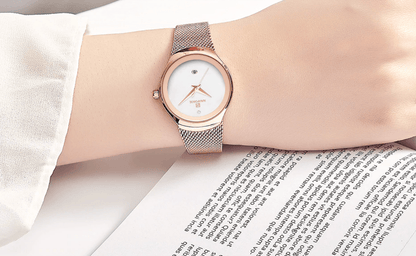 Stevvex women's stainless steel watch with rose gold braided steel bracelet and white dial on Tampa Home & Garden Store